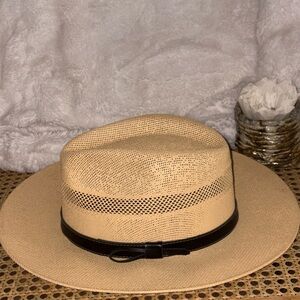 Mens western hat Tan Straw Fedora with brown leather Band #pug#western#cowboyhat